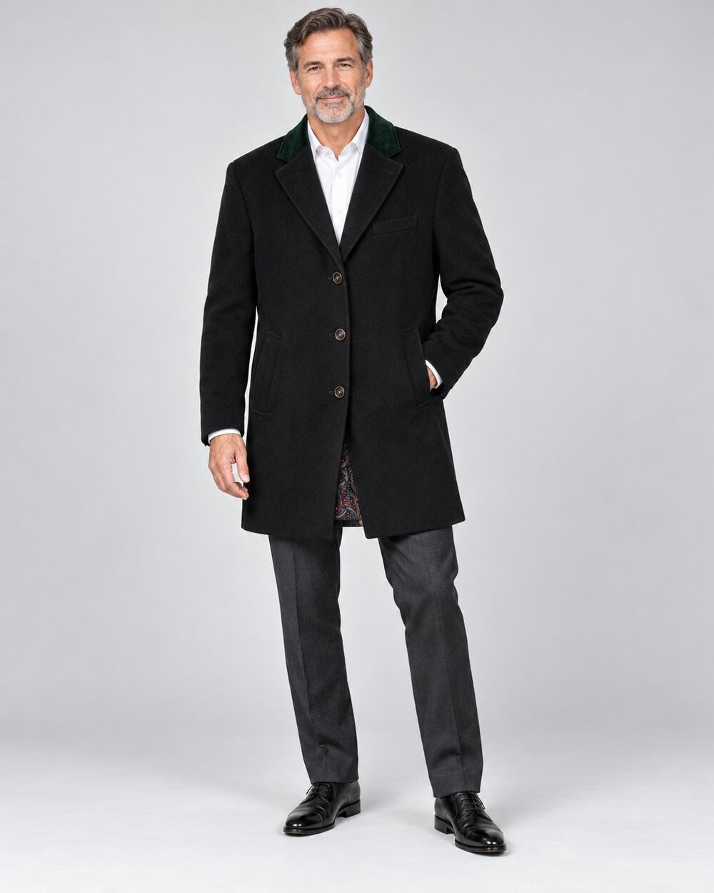 Tallia Men’s XL Black Wool Blend Coat Green Velvet Collar 52" Chest